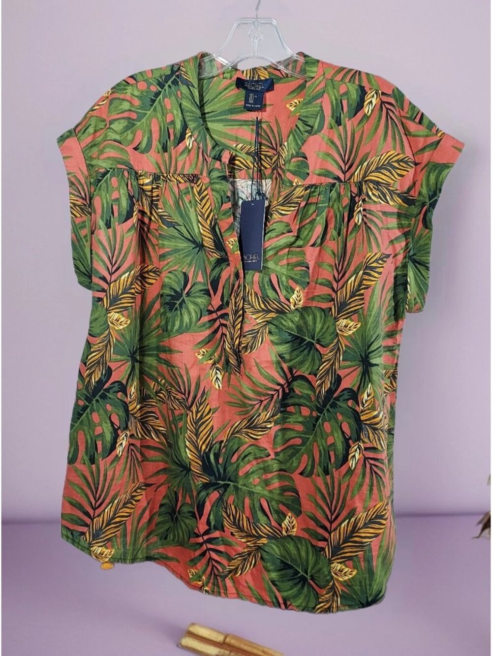 Rachel Roy Linen Rayon Floral Top L Pullover Sleeveless Button V Neck Beachcore